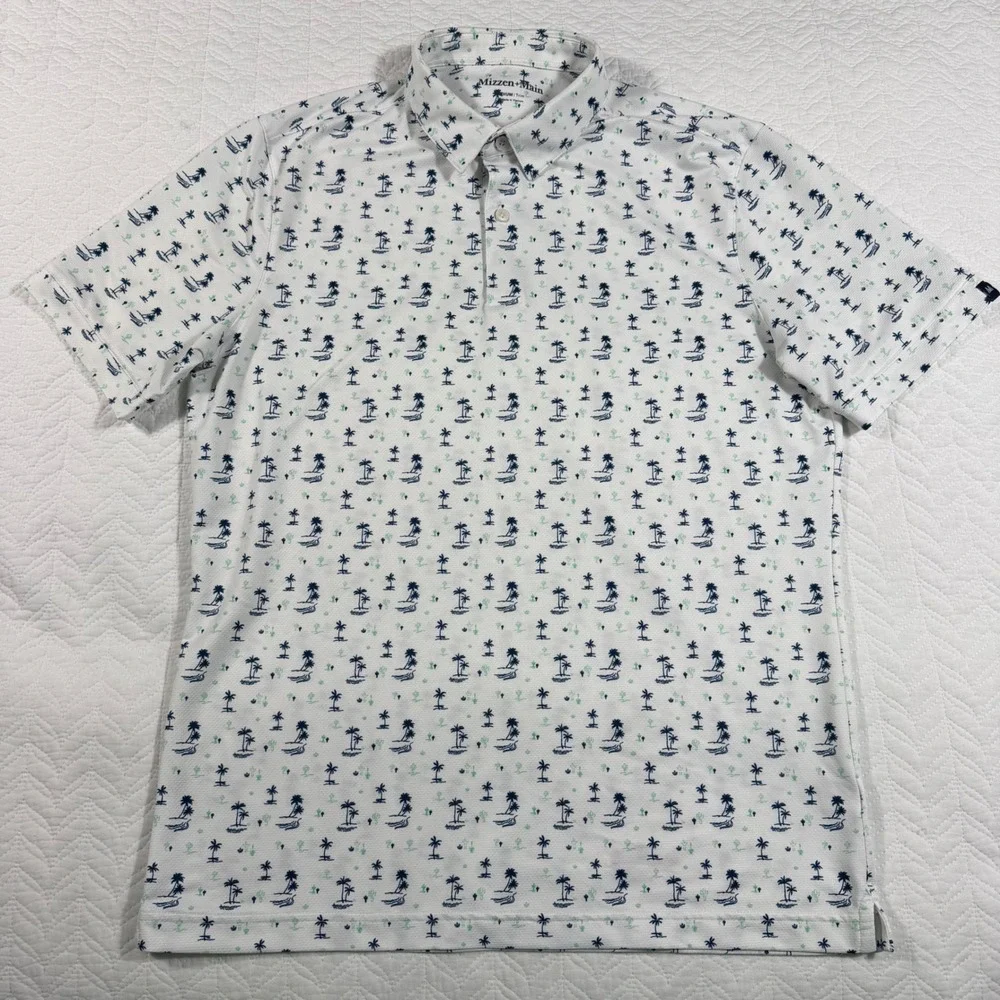 Mizzen Main Palm Tree Cactus Print‎ Polo Shirt Mens Medium Trim Golf Casual